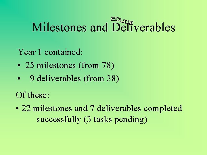 Milestones and Deliverables Year 1 contained: • 25 milestones (from 78) • 9 deliverables
