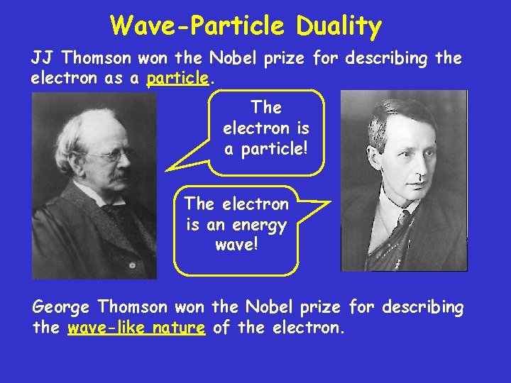 Wave-Particle Duality JJ Thomson won the Nobel prize for describing the electron as a