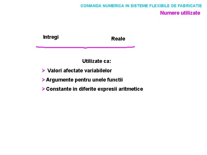 COMANDA NUMERICA IN SISTEME FLEXIBILE DE FABRICATIE Numere utilizate Intregi Reale Utilizate ca: Ø