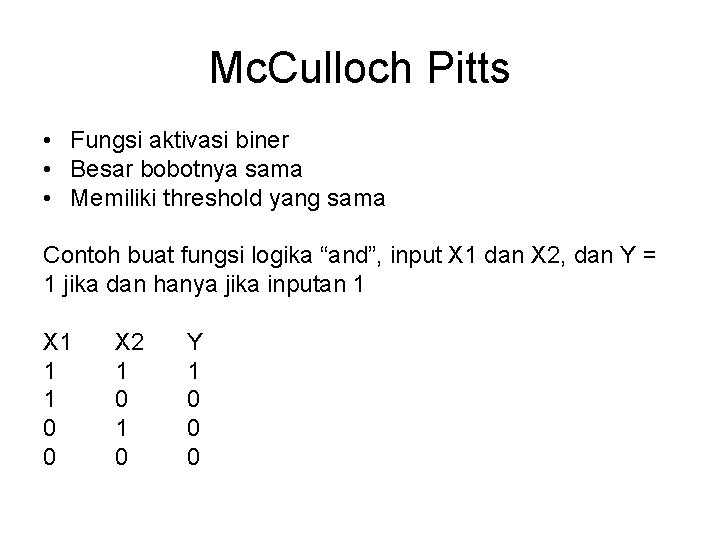 Mc. Culloch Pitts • Fungsi aktivasi biner • Besar bobotnya sama • Memiliki threshold