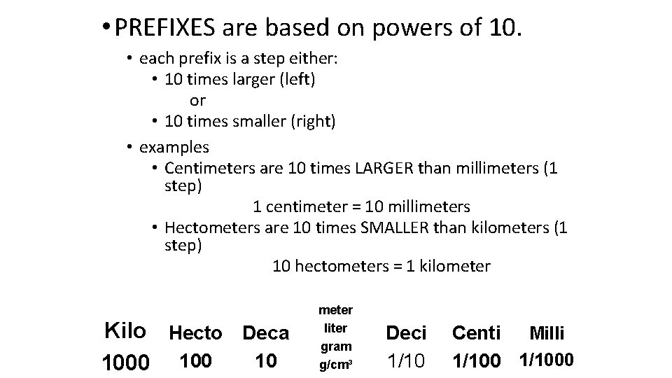  • PREFIXES are based on powers of 10. • each prefix is a