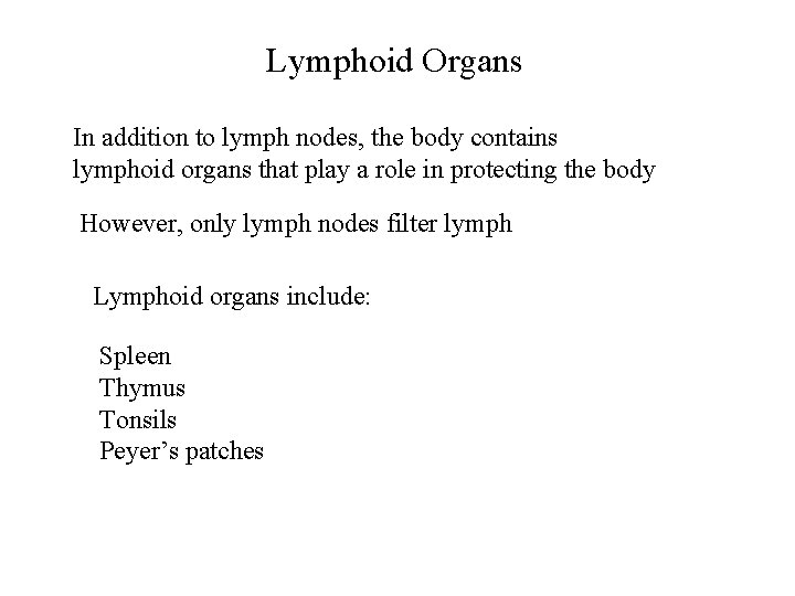 Lymphoid Organs In addition to lymph nodes, the body contains lymphoid organs that play