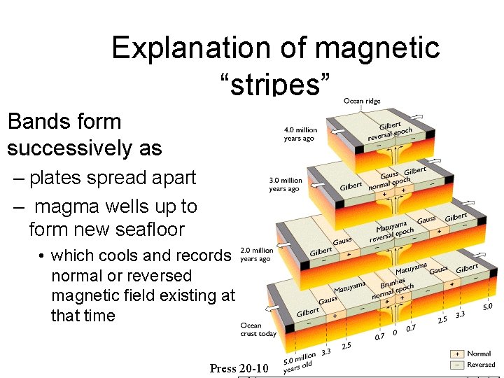 Explanation of magnetic “stripes” Bands form successively as – plates spread apart – magma