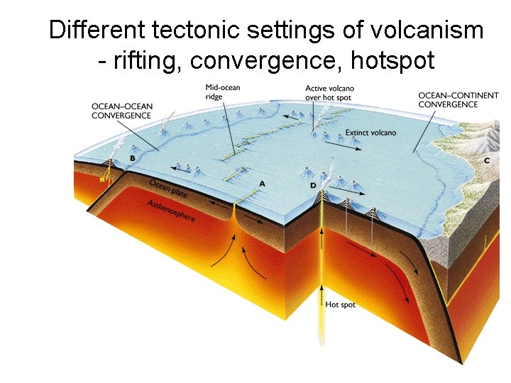 Different tectonic settings of volcanism - rifting, convergence, hotspot 