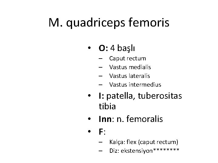 M. quadriceps femoris • O: 4 başlı – – Caput rectum Vastus medialis Vastus M. quadriceps femoris • O: 4 başlı – – Caput rectum Vastus medialis Vastus