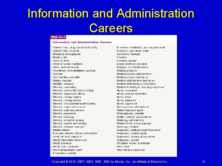 Information and Administration Careers Copyright © 2012, 2007, 2003, 1997, 1991 by Mosby, Inc.