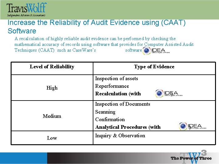 Increase the Reliability of Audit Evidence using (CAAT) Software A recalculation of highly reliable