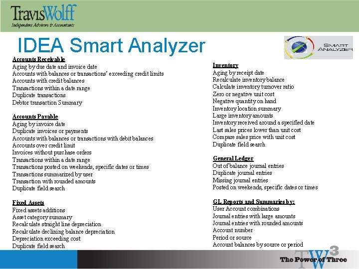 IDEA Smart Analyzer Accounts Receivable Aging by due date and invoice date Accounts with