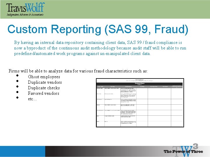 Custom Reporting (SAS 99, Fraud) By having an internal data repository containing client data,