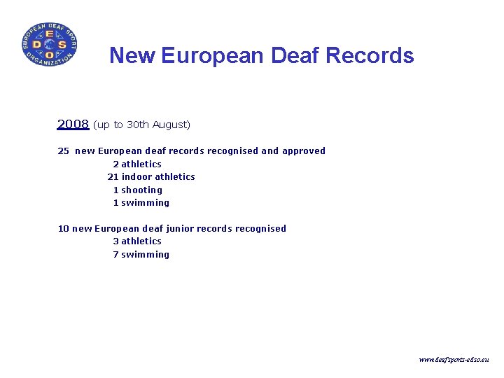 New European Deaf Records 2008 (up to 30 th August) 25 new European deaf