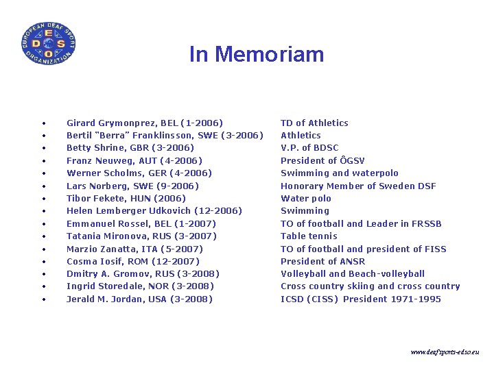 In Memoriam • • • • Girard Grymonprez, BEL (1 -2006) TD of Athletics