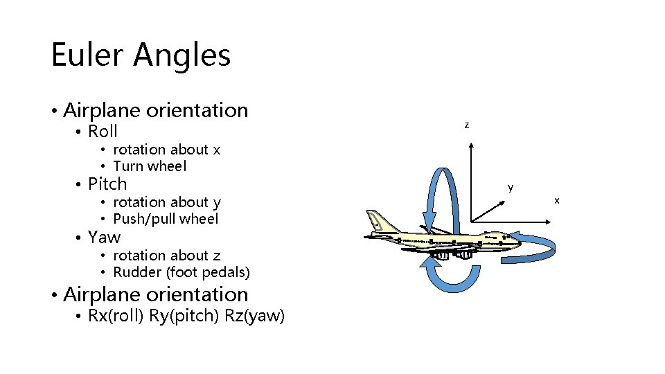 Euler Angles • Airplane orientation • Roll z • rotation about x • Turn