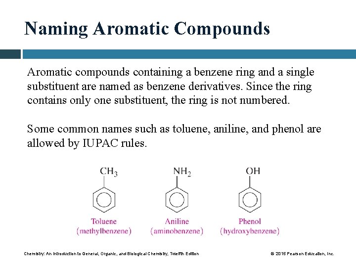 Naming Aromatic Compounds Aromatic compounds containing a benzene ring and a single substituent are