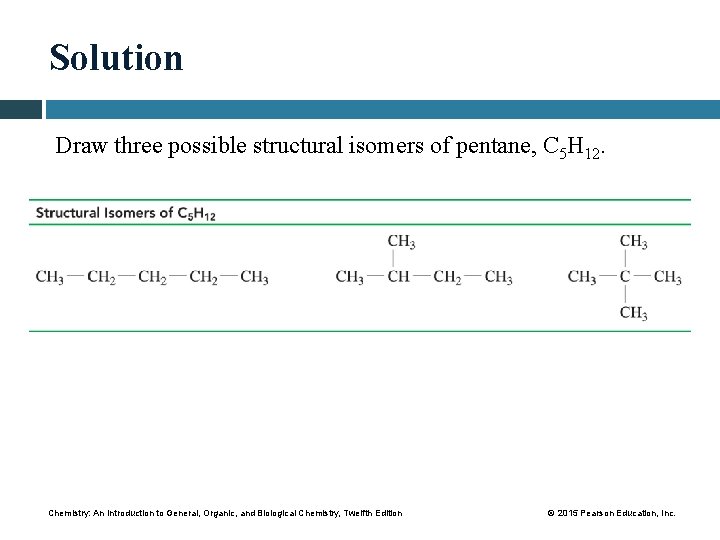 Solution Draw three possible structural isomers of pentane, C 5 H 12. Chemistry: An