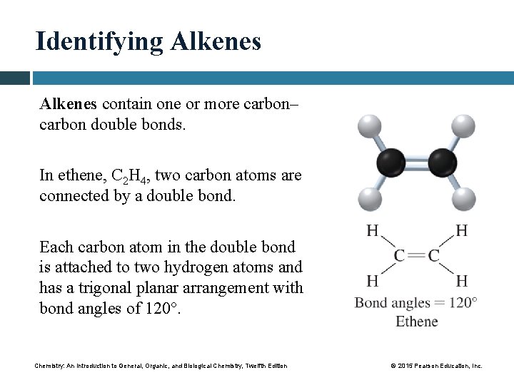 Identifying Alkenes contain one or more carbon– carbon double bonds. In ethene, C 2