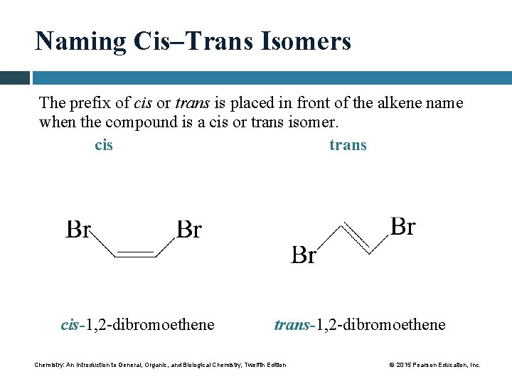 Naming Cis–Trans Isomers The prefix of cis or trans is placed in front of
