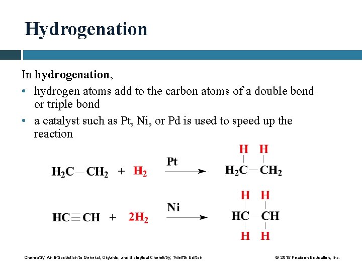 Hydrogenation In hydrogenation, • hydrogen atoms add to the carbon atoms of a double