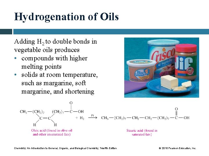 Hydrogenation of Oils Adding H 2 to double bonds in vegetable oils produces •