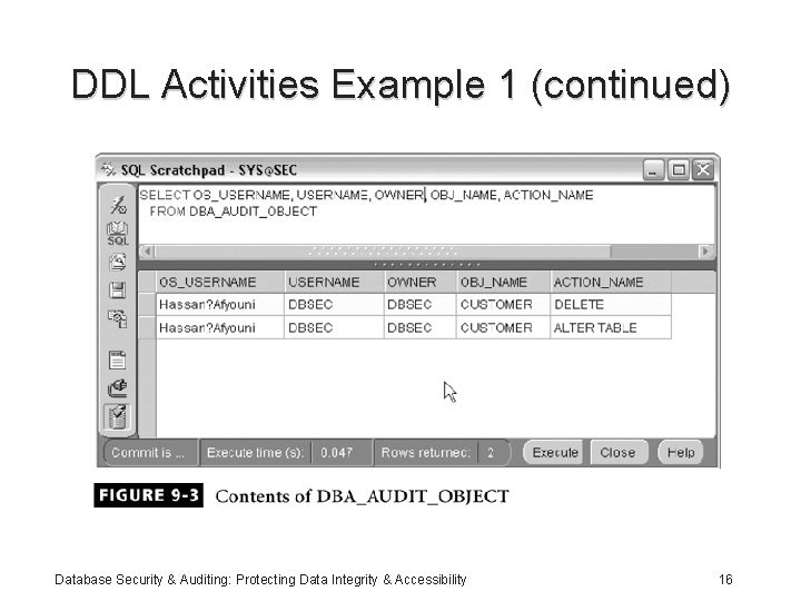 DDL Activities Example 1 (continued) Database Security & Auditing: Protecting Data Integrity & Accessibility