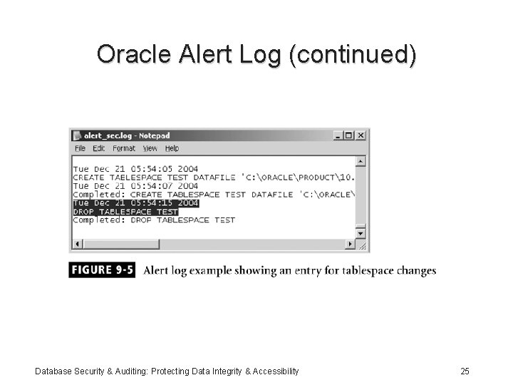 Oracle Alert Log (continued) Database Security & Auditing: Protecting Data Integrity & Accessibility 25
