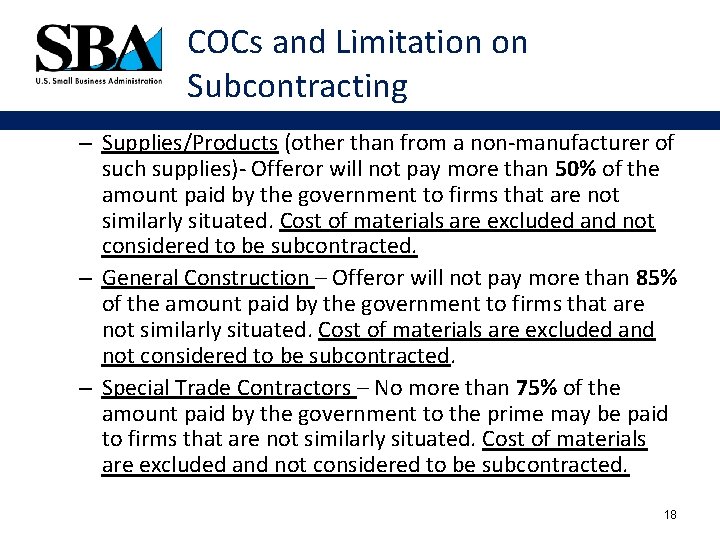 COCs and Limitation on Subcontracting – Supplies/Products (other than from a non-manufacturer of such