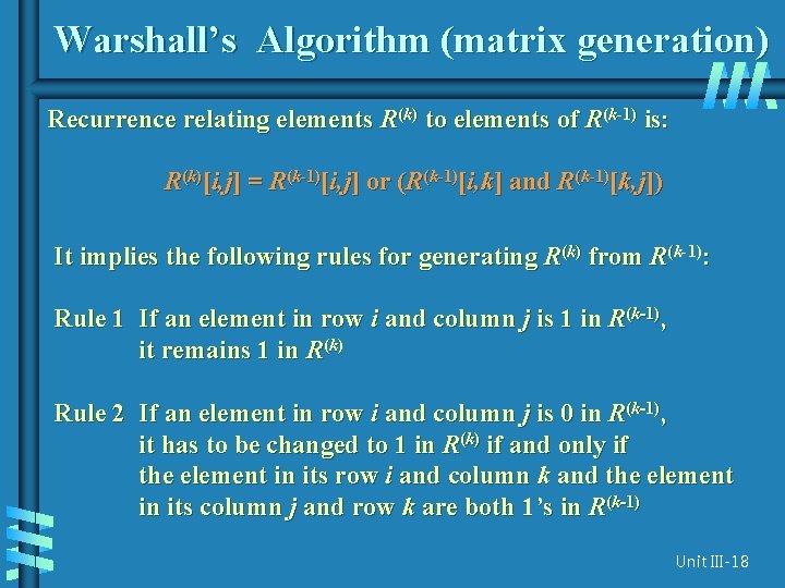 Warshall’s Algorithm (matrix generation) Recurrence relating elements R(k) to elements of R(k-1) is: R(k)[i,