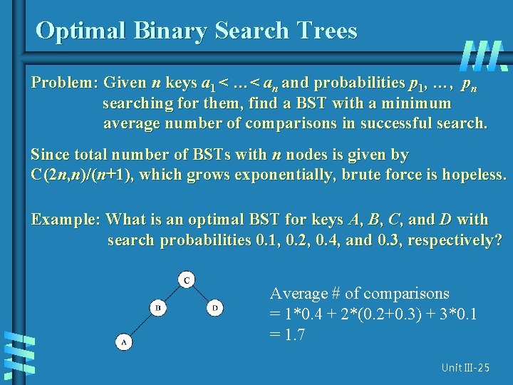 Optimal Binary Search Trees Problem: Given n keys a 1 < …< an and