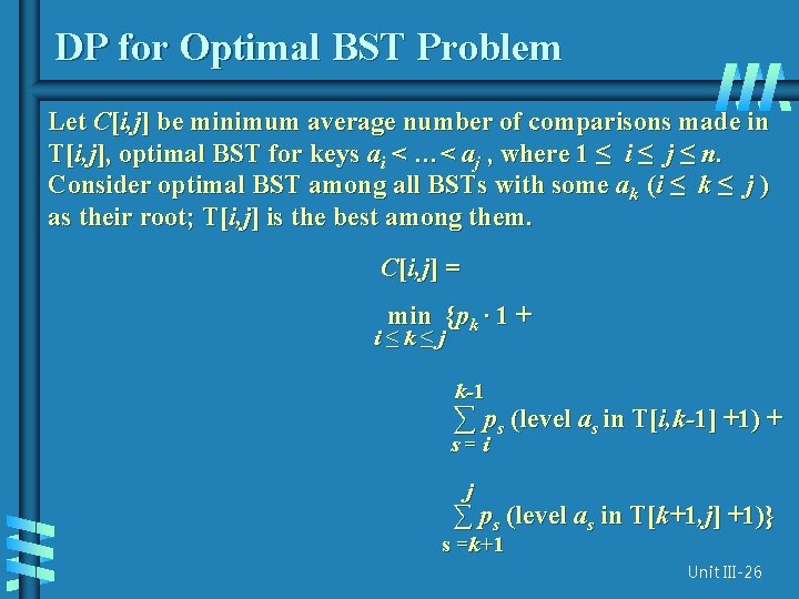 DP for Optimal BST Problem Let C[i, j] be minimum average number of comparisons