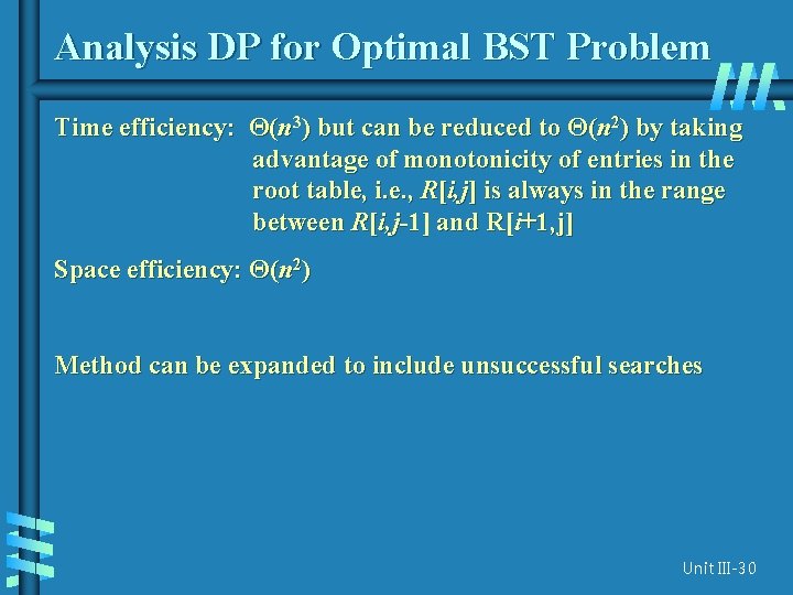 Analysis DP for Optimal BST Problem Time efficiency: Θ(n 3) but can be reduced