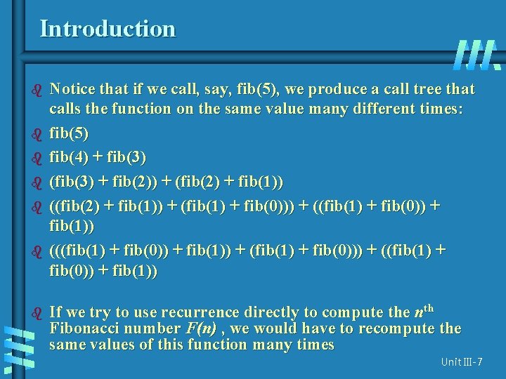 Introduction b b b b Notice that if we call, say, fib(5), we produce