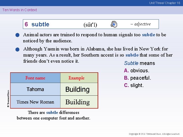 Unit Three/ Chapter 16 Ten Words in Context 6 subtle – adjective Animal actors