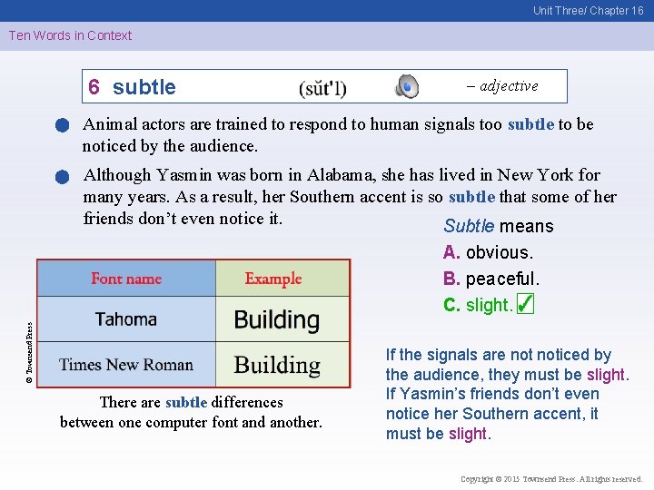 Unit Three/ Chapter 16 Ten Words in Context 6 subtle – adjective Animal actors