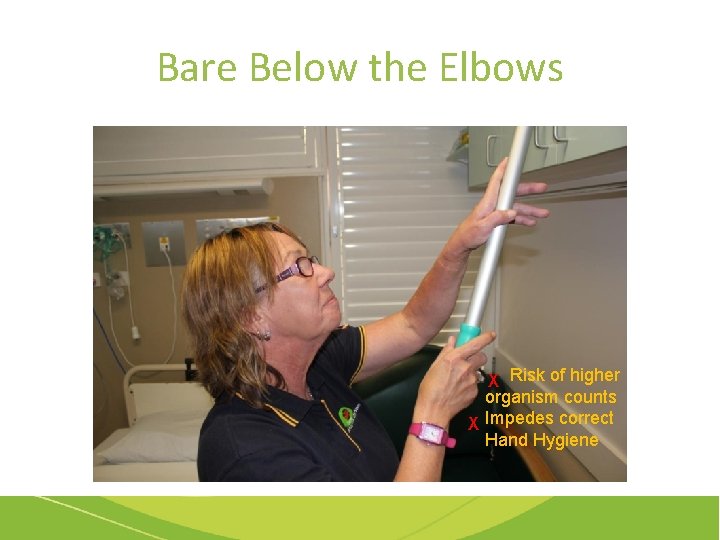 Bare Below the Elbows X Risk of higher organism counts X Impedes correct Hand
