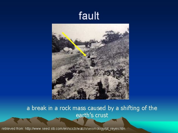 fault a break in a rock mass caused by a shifting of the earth’s
