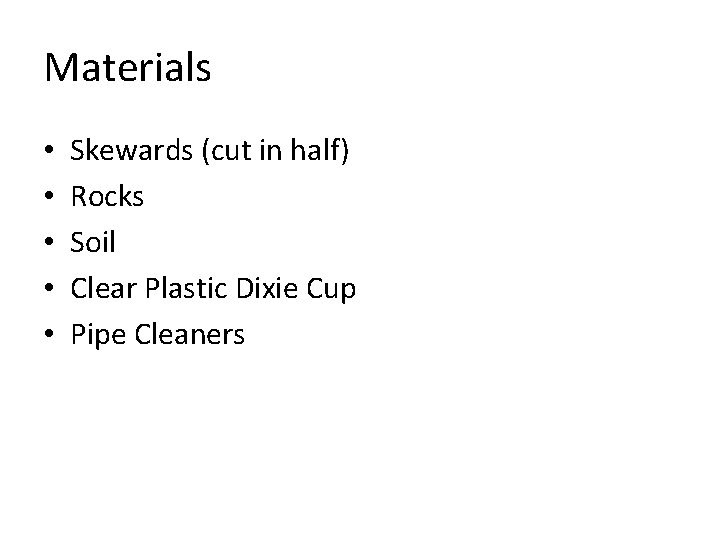 Materials • • • Skewards (cut in half) Rocks Soil Clear Plastic Dixie Cup