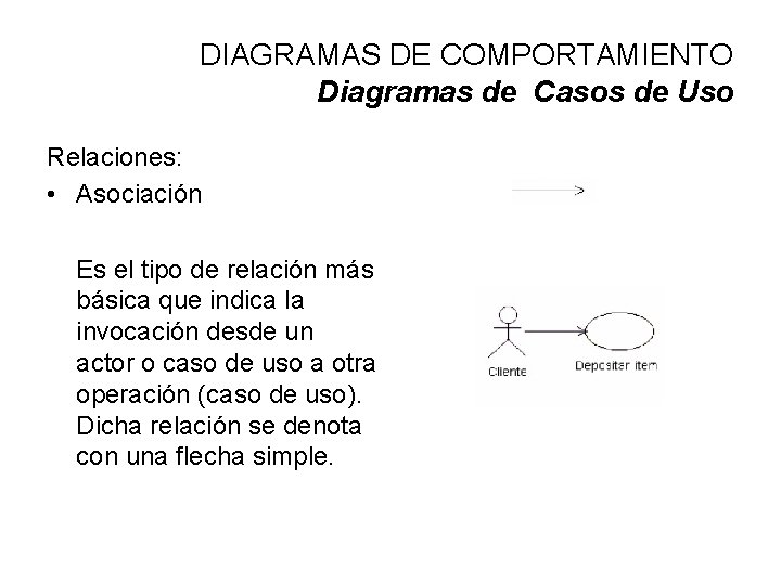 DIAGRAMAS DE COMPORTAMIENTO Diagramas de Casos de Uso Relaciones: • Asociación Es el tipo