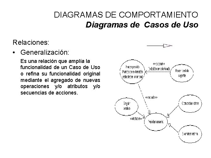 DIAGRAMAS DE COMPORTAMIENTO Diagramas de Casos de Uso Relaciones: • Generalización: Es una relación