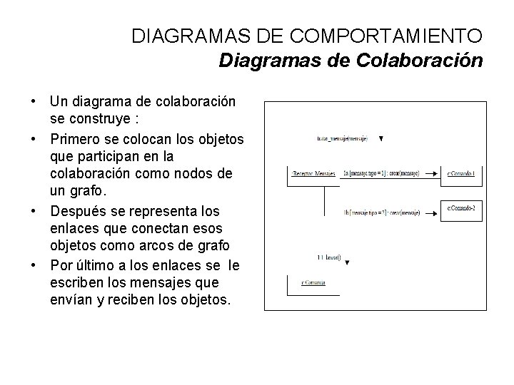 DIAGRAMAS DE COMPORTAMIENTO Diagramas de Colaboración • Un diagrama de colaboración se construye :
