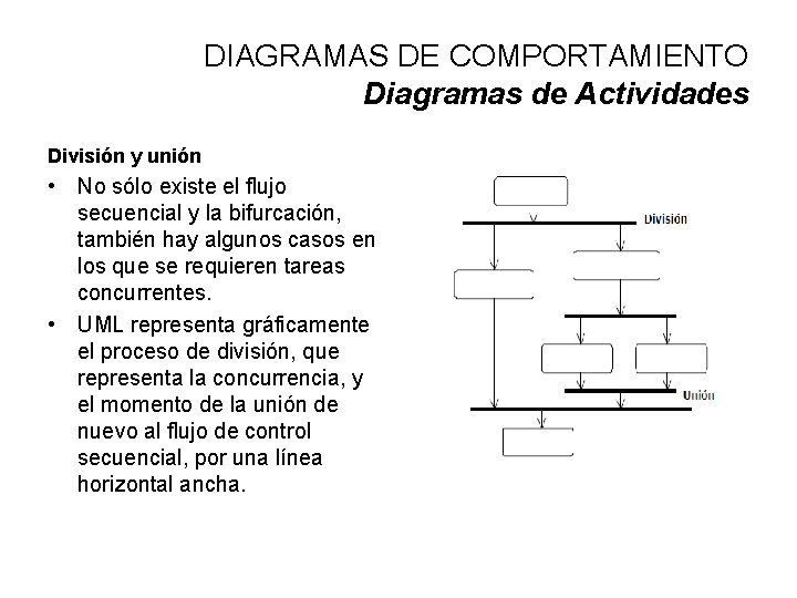 DIAGRAMAS DE COMPORTAMIENTO Diagramas de Actividades División y unión • No sólo existe el