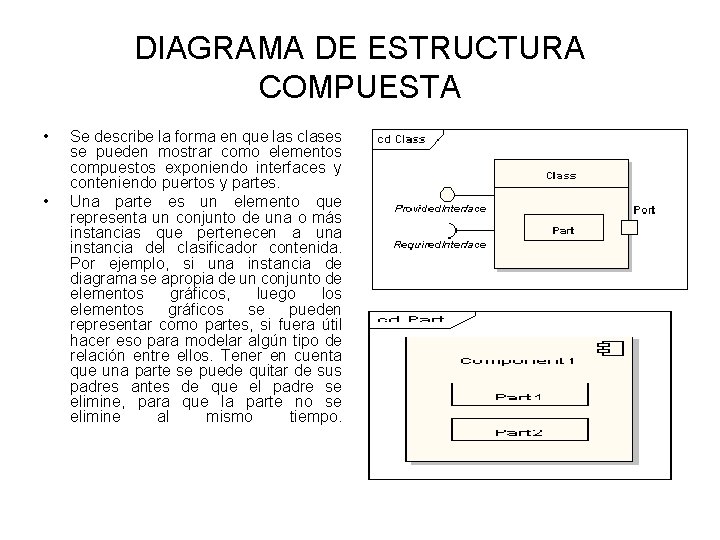 DIAGRAMA DE ESTRUCTURA COMPUESTA • • Se describe la forma en que las clases