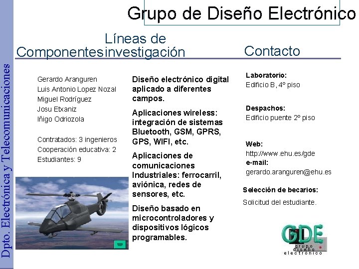 Dpto. Electrónica y Telecomunicaciones Grupo de Diseño Electrónico Líneas de Componentes investigación Gerardo Aranguren