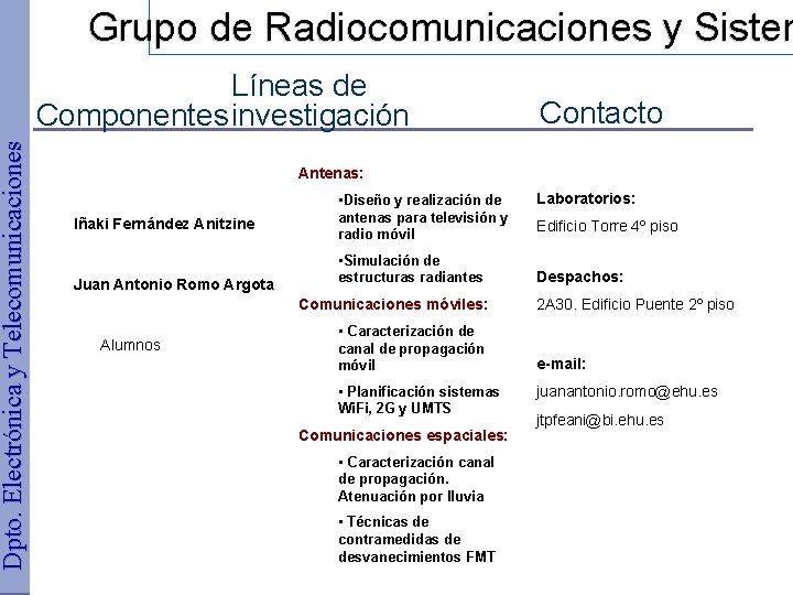 Dpto. Electrónica y Telecomunicaciones Grupo de Radiocomunicaciones y Sistem Líneas de Componentes investigación Contacto