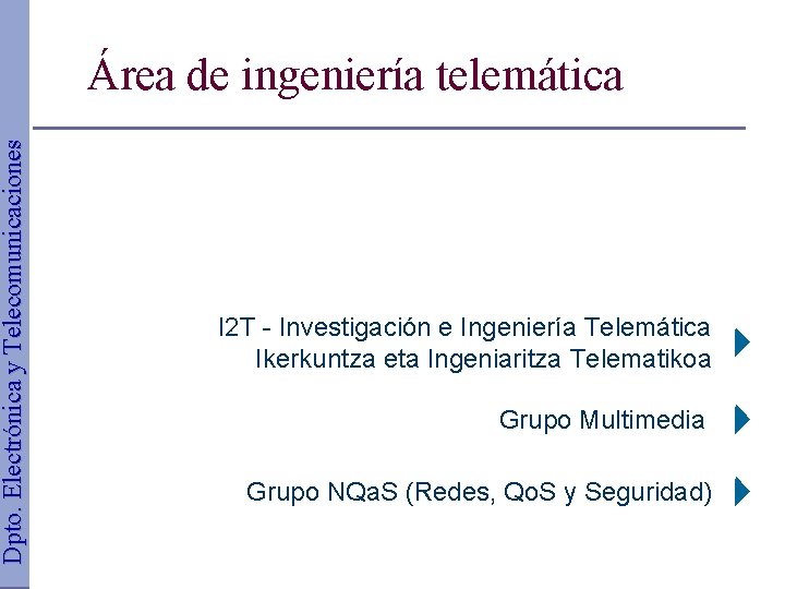 Dpto. Electrónica y Telecomunicaciones Área de ingeniería telemática I 2 T - Investigación e