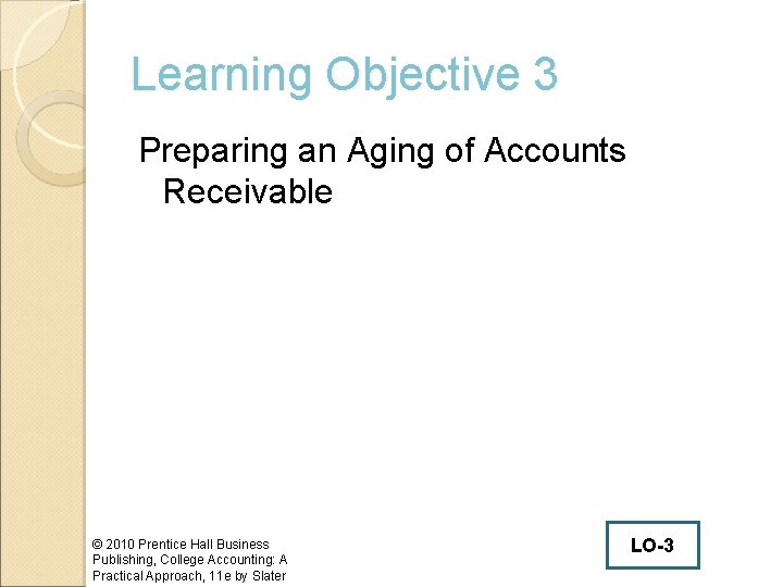 Learning Objective 3 Preparing an Aging of Accounts Receivable © 2010 Prentice Hall Business