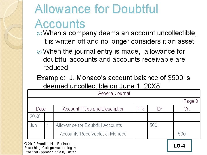 Allowance for Doubtful Accounts When a company deems an account uncollectible, it is written