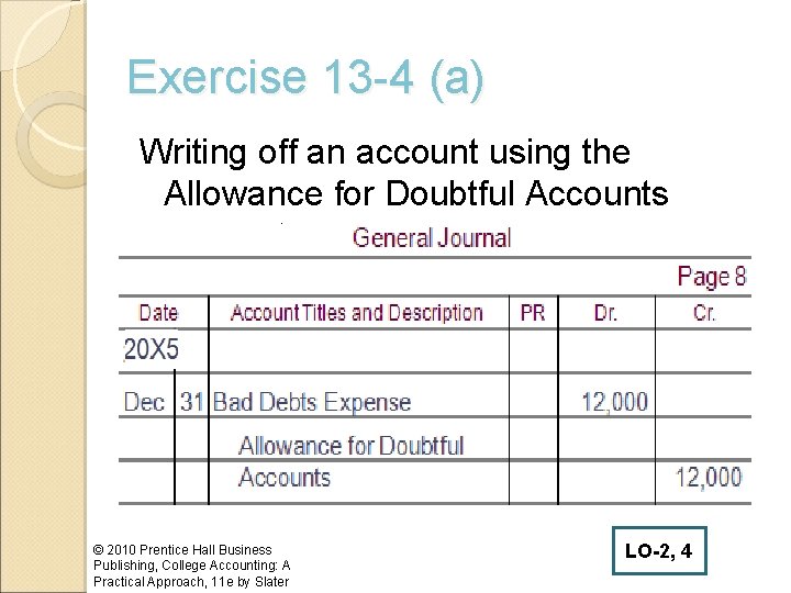 Exercise 13 -4 (a) Writing off an account using the Allowance for Doubtful Accounts