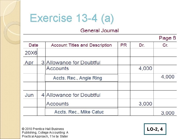Exercise 13 -4 (a) Accts. Rec. , Angie Ring Accts. Rec. , Mike Catuc