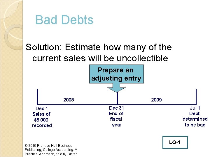 Bad Debts Solution: Estimate how many of the current sales will be uncollectible Prepare