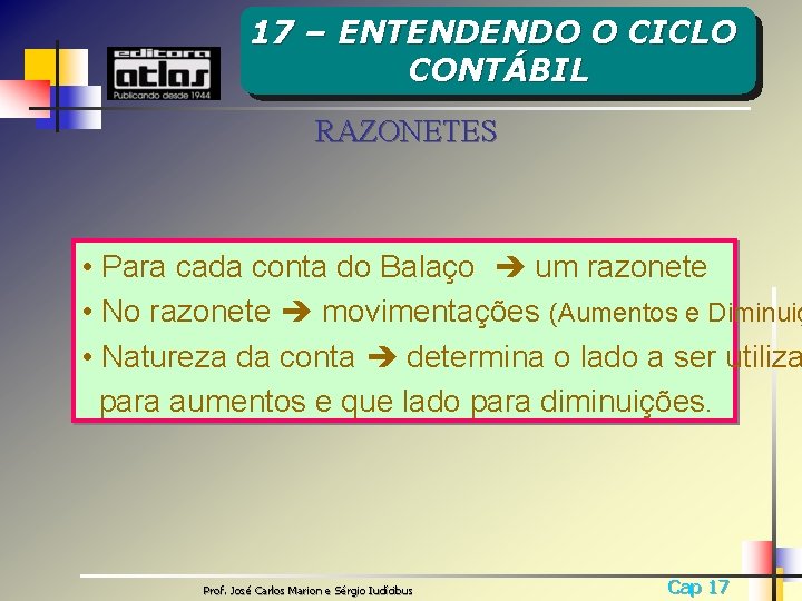 17 – ENTENDENDO O CICLO CONTÁBIL RAZONETES • Para cada conta do Balaço um