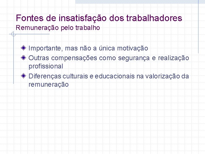 Fontes de insatisfação dos trabalhadores Remuneração pelo trabalho Importante, mas não a única motivação